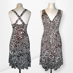BANANA REPUBLIC Silk Blend Midi SunDress Abstract Criss Cross V-Neck Brown Small